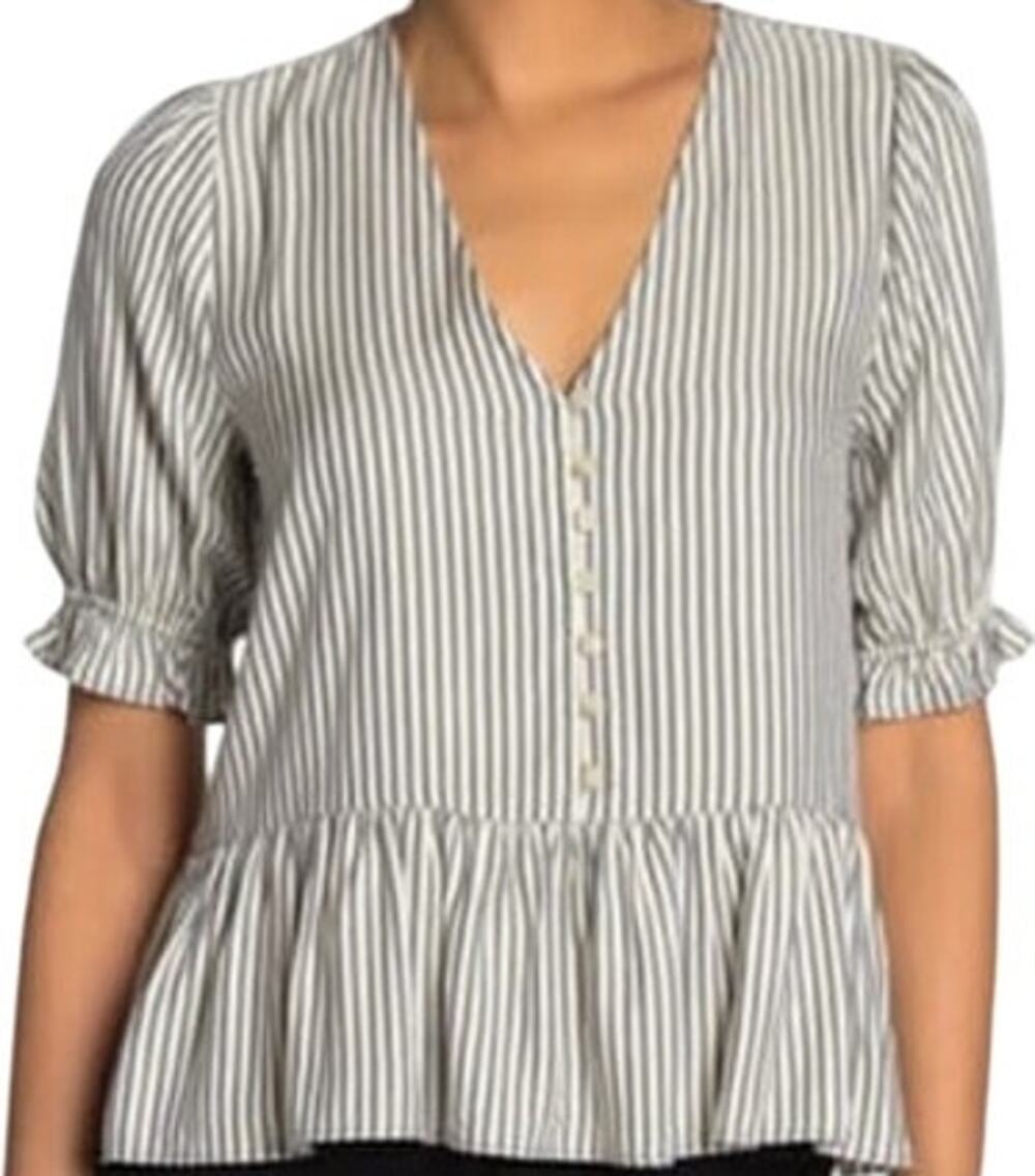 Madewell Courtyard Ruffle-Hem Blouse Top Striped V Neck Button Black White M